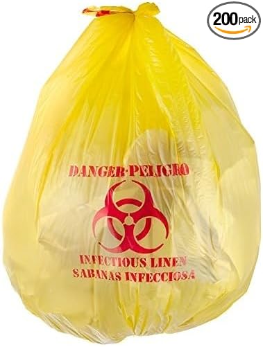 Bits N Things Infectious Biohazard Yellow Waste Bags Hazardous Trash Can Liners | Medical Grade No Leak Bags | Great for Lab Containers, Swabs, Pads, Gloves | 200 Count - 37" x 50" (44 Gallon)