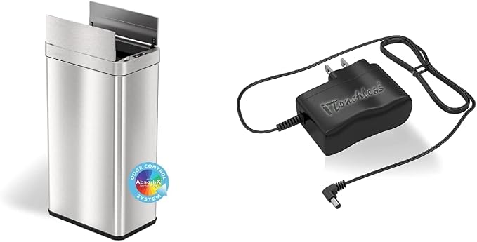 iTouchless, 68 Liter Wings-Open Sensor Trash Can & Pet-Proof Lid, Stainless Steel, 18 Gallon & AC Power Adapter for Automatic Sensor Trash Cans