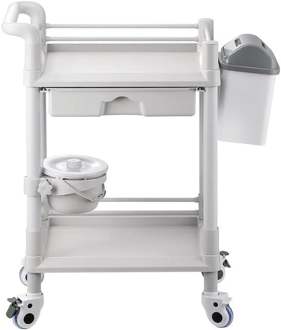Mount Plus MT01 2 Tier Mobile Medical Cart Trolley with Drawer, Trash Cans, Waste Bowl | Beauty Salon Rolling Trolley with 360° Rotate Wheels | Heavy Duty Utility Cart for Hospital Dental Clinic