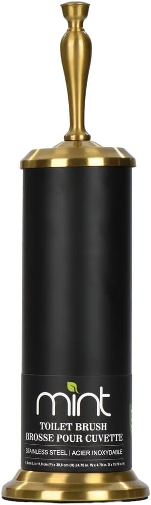 J&V TEXTILES Toilet Brush, Toilet Bowl Brush with Extra Long Handle Durable Bristles Toilet Scrubber and Covered Holder for Toilet Brush Set for Bathroom Cleaning (Matte Black/Aged Brass)