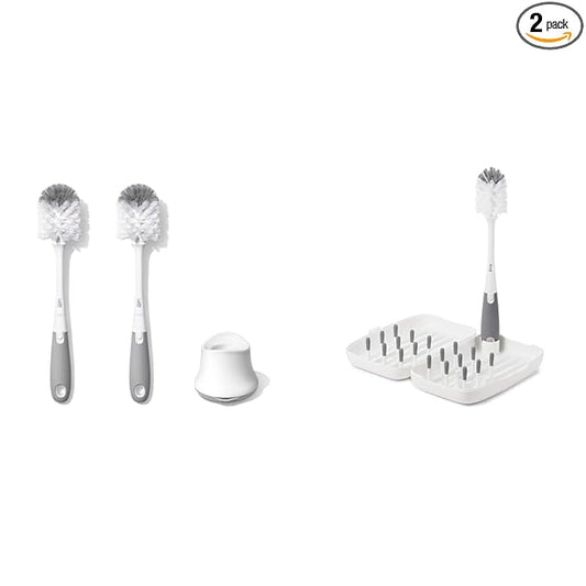 OXO Tot Bottle Brush with Nipple Cleaner and Stand – Gray, 2-Pack & Tot Travel Size Drying Rack with Bottle Brush- Gray
