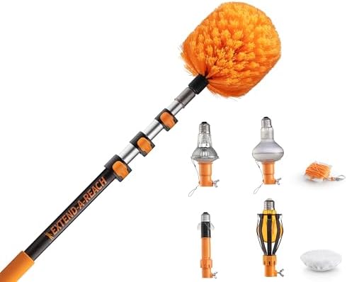 4-13 ft Cobweb Duster with Extension Pole & Light Bulb Changer Attachment Kit // 20 ft High Reach Spider Brush for Outdoor & Indoor Cleaning // Suction Cup, Bulb Remover, Microfiber Cloth & Basket