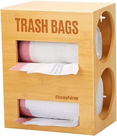 Libreshine Dual Roll Bamboo Trash Bag Dispenser & Grocery Bag Holder, 2-Compartment Organizer for 13–33 Gallon Rolls (Fits Up to 5.2”Dia), Wall Mount or Under Sink, Stackable Storage