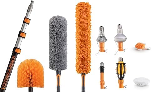 20 Foot High Reach Duster Kit with 4-12 ft Extension Pole & Light Bulb Changer Attachment Kit // Cobweb Duster, Feather Duster & Fan Duster // Suction Cup, Light Bulb Remover, Microfiber and Basket