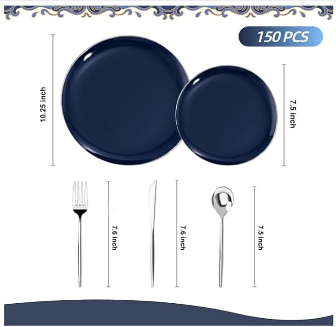 I00000 150Pcs Blue Plastic Plates,Hanukkah Plastic Plates,Navy Blue Disposable Plates with Silverware include 30 Dinner Plates10.25,30 Dessert Plates10.25,90 Silver Silverware Set for Party