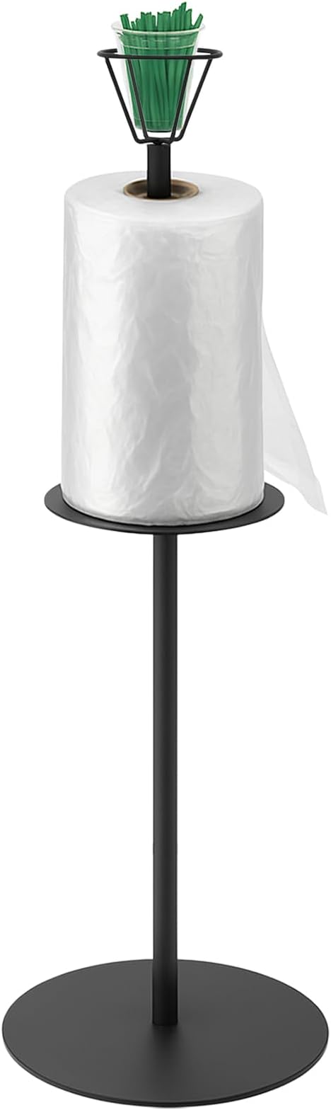 Zonon 41 Inch Grocery Roll Bag Holder Floor Standing Produce Bag Dispenser with Twist Tie Cup Organizer Black Straight for Supermarket Grocery Kitchen Storage(Single Head)