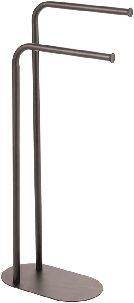 mDesign Tall Stainless Freestanding Towel Rack Holder - 2 Tier Minimalist Pedestal Hanger Holders for Kitchen and Bathroom - Racks for Bath, Hand, Dish, and Tea Towels or Washcloths - Satin