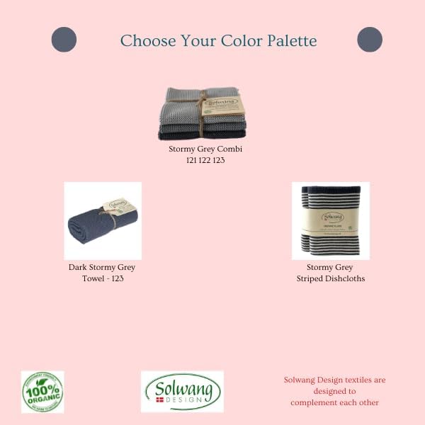 Solwang 3-Piece Danish Cotton Dishcloths in 100% Certified Organic Cotton Made in India (Storm Grey Organic Combi)