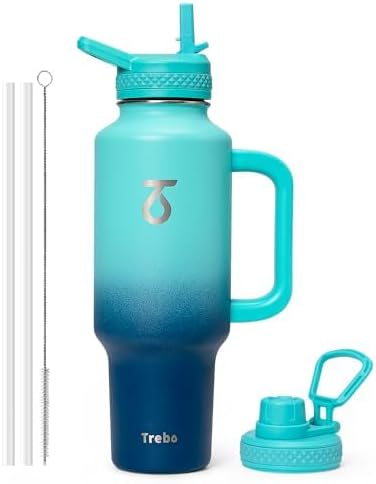 Trebo 40 oz Water Bottle Insulated Fit Car Cup Holder with Handle, Stainless Steel Retro Bottles Tumbler with Straw Lids, Vacuum Double Wall,Keep 24hrs Cold,Leakproof Reusable Travel Flask