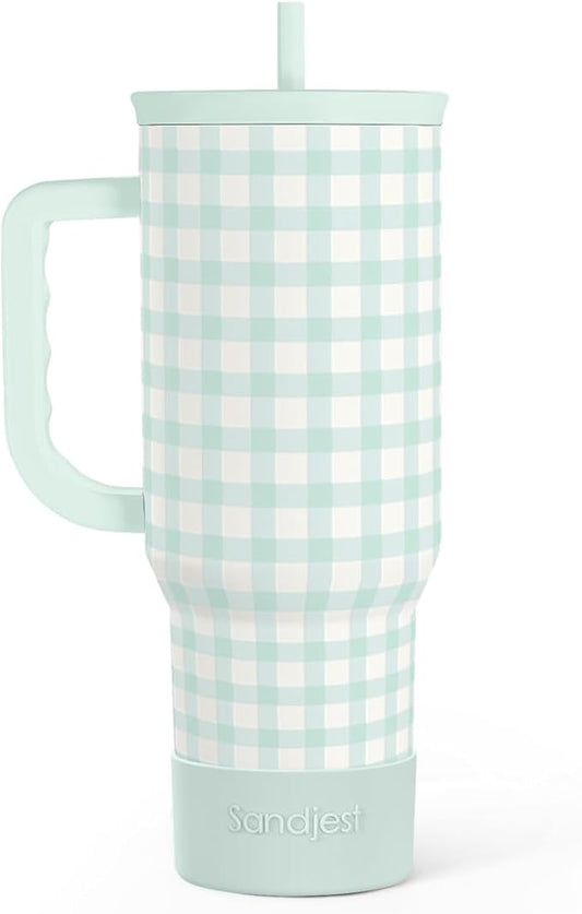 SANDJEST Mint Gingham 40oz Slider Tumbler with Handle and Straw - Insulated Stainless Steel Travel Coffee Mug for Women Girls, Gift for Birthday, Christmas