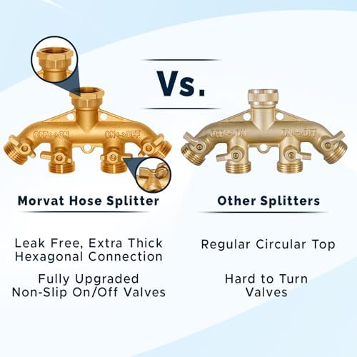 Morvat Brass 4 Way Garden Splitter with Shut Off Valves, Includes Extra Rubber Washers & Teflon Tape PLUS Water Hose Sprayer with 10 Spray Patterns -2-PACK- Thumb Controlled On/Off Lock
