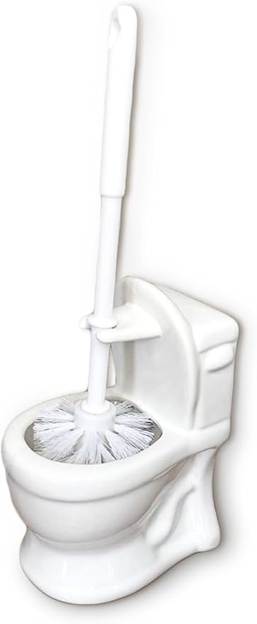 Novelty Toilet Brush Holder, Mini Toilet Shaped Ceramic Bathroom Decor with Self-Draining Base & Brush - Unique Funny Gift for Home, Office Desk Organizer (White)