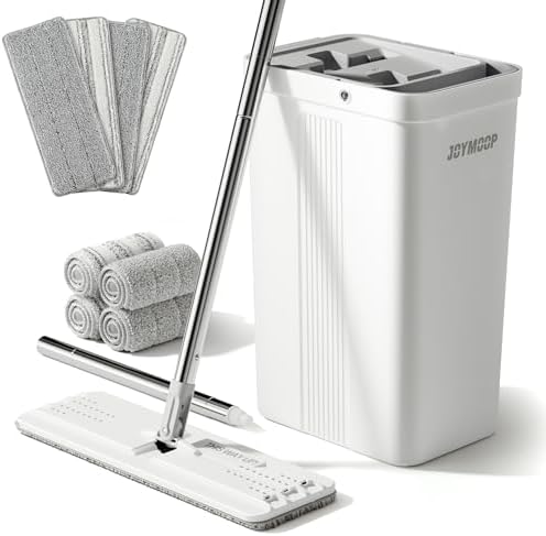 JOYMOOP Mop and Bucket with Wringer Set with 61" Mop Handle with Flexible 13" Flat Head with 8 pcs Microfiber Mop Pads - White