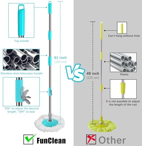 Mop Bucket Separate Dirty Water and FunClean Spin Mop and Bucket with 12 Microfiber Replacement Head Refills,61" Extended Handle