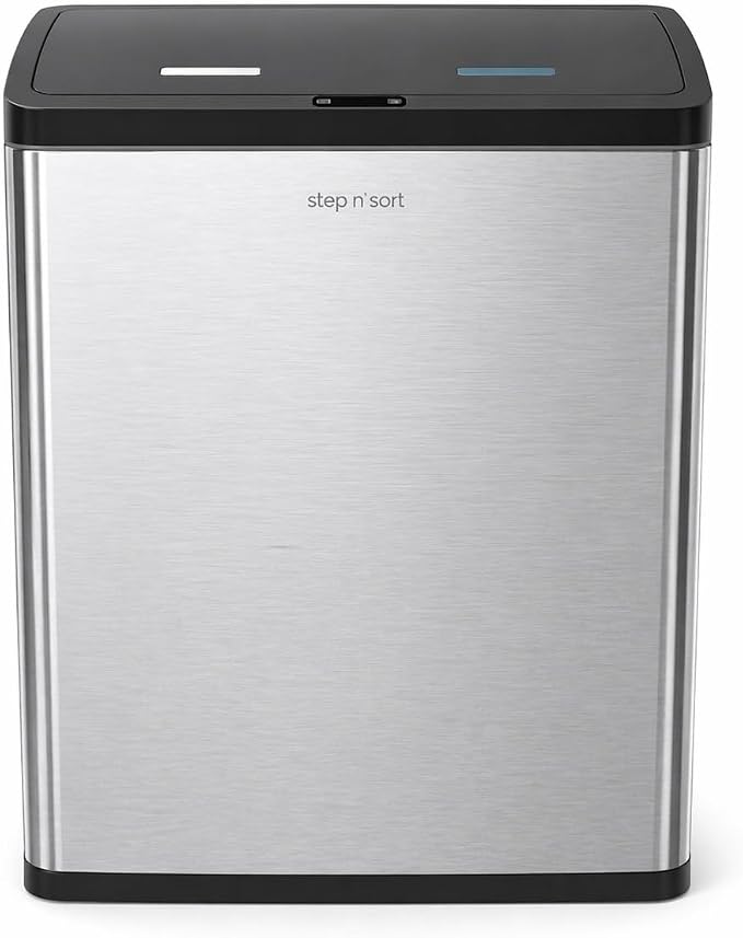 Step N' Sort Motion Sensor Trash Can (60L) – Touchless Stainless Steel Kitchen Garbage & Recycling Bin with Dual Compartments, Soft-Close Lid & Fingerprint-Proof Finish