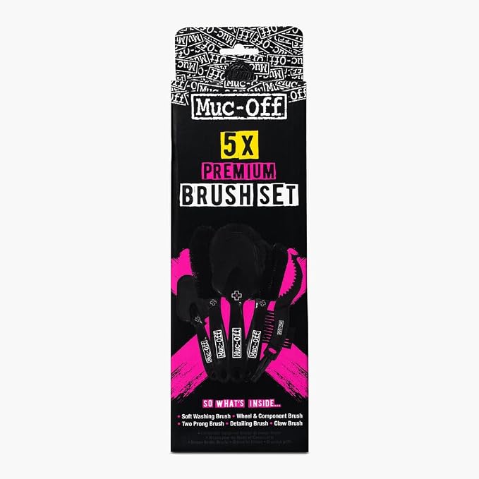 Muc-Off 206 5 Piece Premium Brush Kit - Includes 5 Bike Cleaning Brushes With Durable Nylon Bristles And Ergonomic Rubberised Handles To Minimise Impact