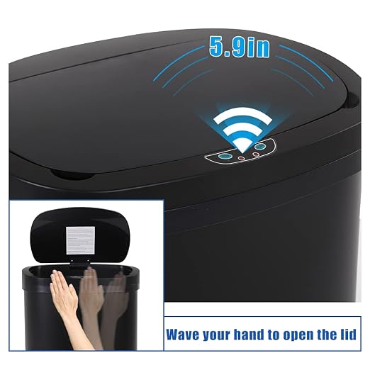 24/7 Shop at Home Freeway 13 Gallon Metal Household Trash Can Motion Sensor Lid for Kitchen, Black