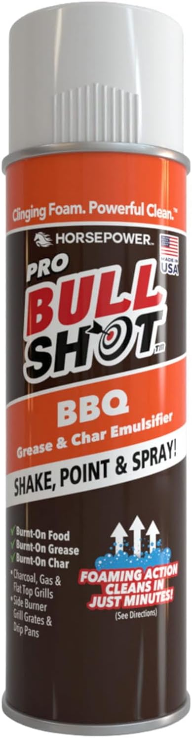 Bull Shot BBQ Pro, Foaming Grill Cleaner, AS SEEN ON TV, Professional Strength Foam Spray Emulsifies Burnt Grease & Char on Grates, Racks, Pans, Smokers & Griddles Cleans in Just 10 Min - Made in USA