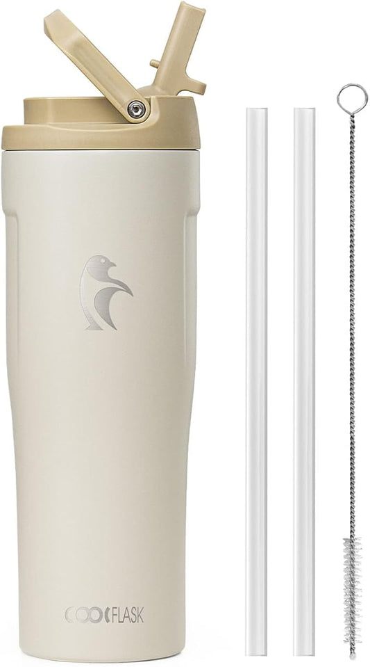Coolflask Water Bottle 32 oz Fits Car Cup Holder, Slim Tumbler Stainless Steel with Straw & Handle, Vacuum Flask Leakproof Wide Mouth for Travel Sports Gym, Cream White