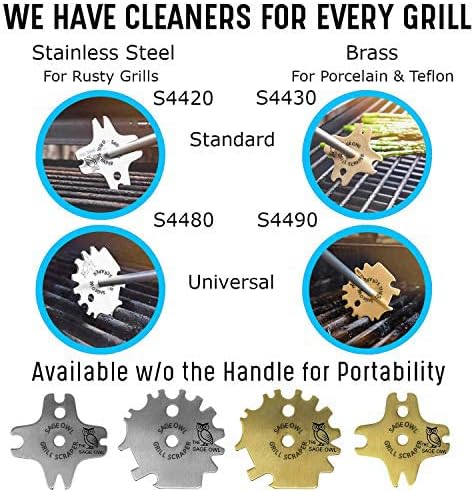 Sage Owl Bristle-Free Brass BBQ Grill Scraper with 17.5’’ Handle and Extra Portable Standard Stainless Steel Barbecue Grill Cleaner Tool - Cooking Stocking Stuffers Men
