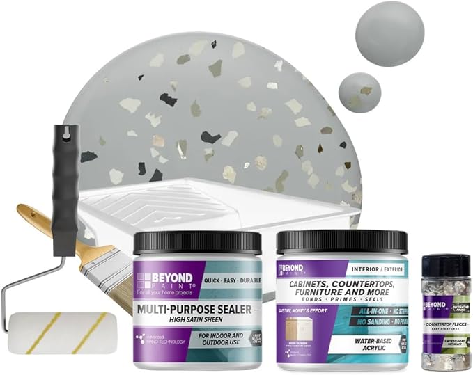 Beyond Paint Smoked Gray Flecks Countertop Makeover Kit with Paint, Sealer, Flecks, and Tools for Countertops, Soft Gray
