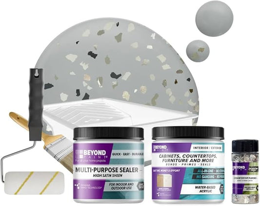 Beyond Paint Smoked Gray Flecks Countertop Makeover Kit with Paint, Sealer, Flecks, and Tools for Countertops, Soft Gray