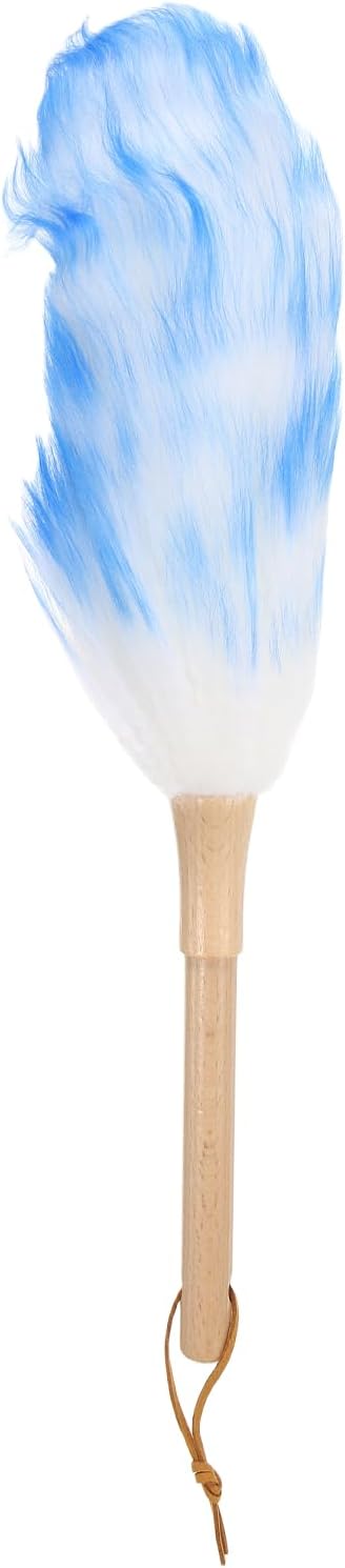 uxcell Wool Duster, 14.2" Natural Feather Cleaner Household Cleaning Duster with Solid Wooden Handle for Cleaning Fans Window Blinds Shelves Furniture, White Blue