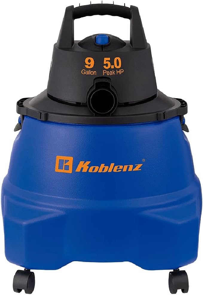 Koblenz WD-9 L212 Wet Dry Vacuum Cleaner, 9 Gallon, 5.0 PHP, 3-in-1 Suction & Blower, Big Vacuum Cleaners for Home, Heavy Duty Shop Vac, Click-N-Lock Hose, Swivel Casters, Black/Blues