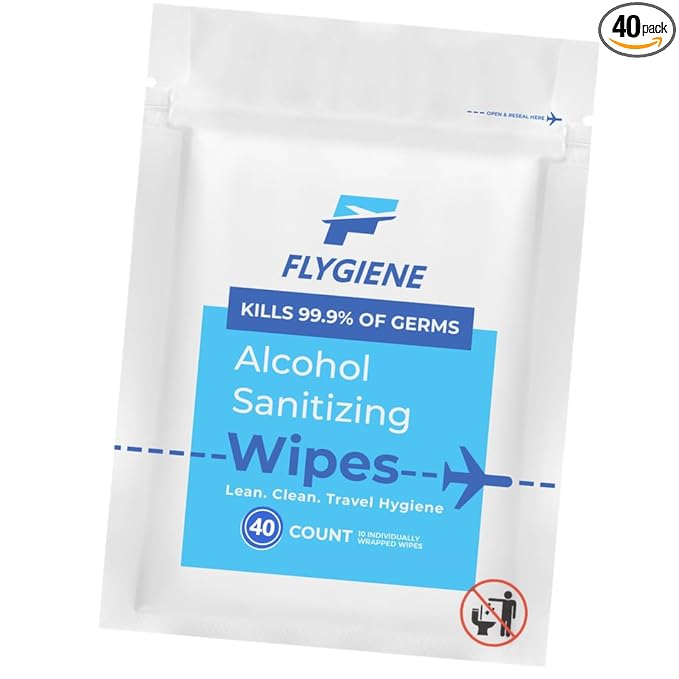 40 Count Sanitizing Wipes, 70% Alcohol, Individually Wrapped, Wet Wipes, Travel Size, Airplane Essentials