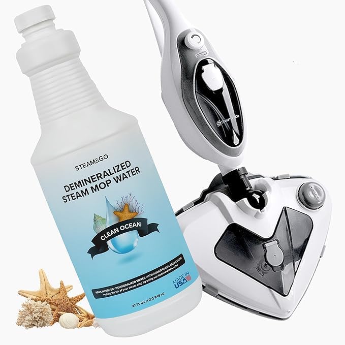 Steam & Go - The Housekeeper Steam Cleaner For Floors & Demineralized Water Bundle, 10-in-1 Hard Floor Cleaner Machine & Grout Steam Cleaner with Floor Cleaning Solution, Clean Ocean, 32 oz
