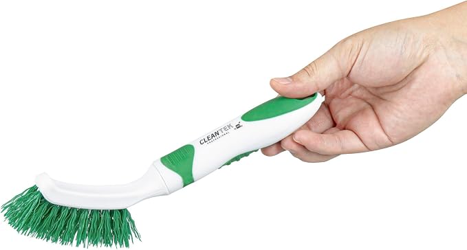 Restaurantware Grout Brush 10 Pack of 9 Tile Scrubbing Brush Stiff Bristle Ergonomic Handle Angled Head Narrow Design Green and White Plastic Cleaning Tool