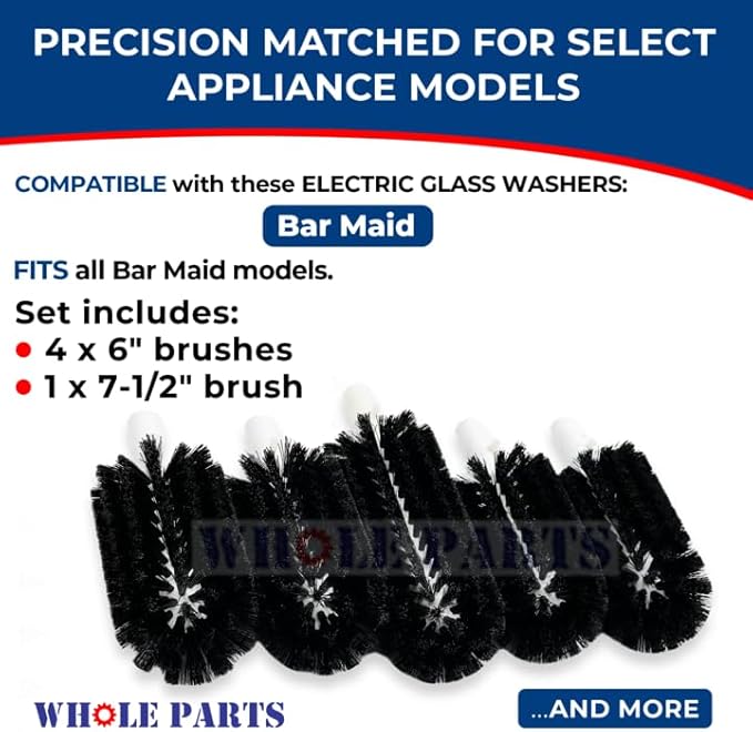 Upgraded Whole Parts Electric Glass Washer Replacement Brush Set Part# BRS-1722 - Replacement & Compatible with Some Bar Maid Glass Washers