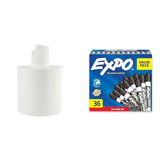 Boardwalk BWK410321 7.6 in. x 8.9 in. 2 Ply Center-Pull Roll Towels - White (6/Carton) & EXPO Low Odor Dry Erase Markers, Chisel Tip, Black, 36 Count