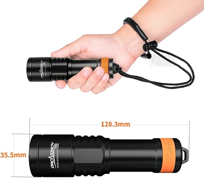 ORCATORCH D580 Scuba Dive Light, Max 530 Lumens Underwater Flashlight with 6 Degrees Narrow Beam, IP68 Waterproof Twist Switch Night Dive Torch, 3 AAA Batteries Included