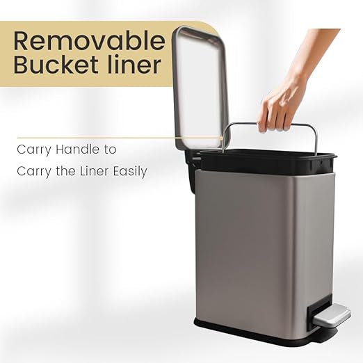5 Liter / 1.3 Gallon Trash Can with Removable Liner, Soft Close lid & Step Pedal, Stainless Steel Trash Bin for Bathroom,Bedroom,Home Office,Grey
