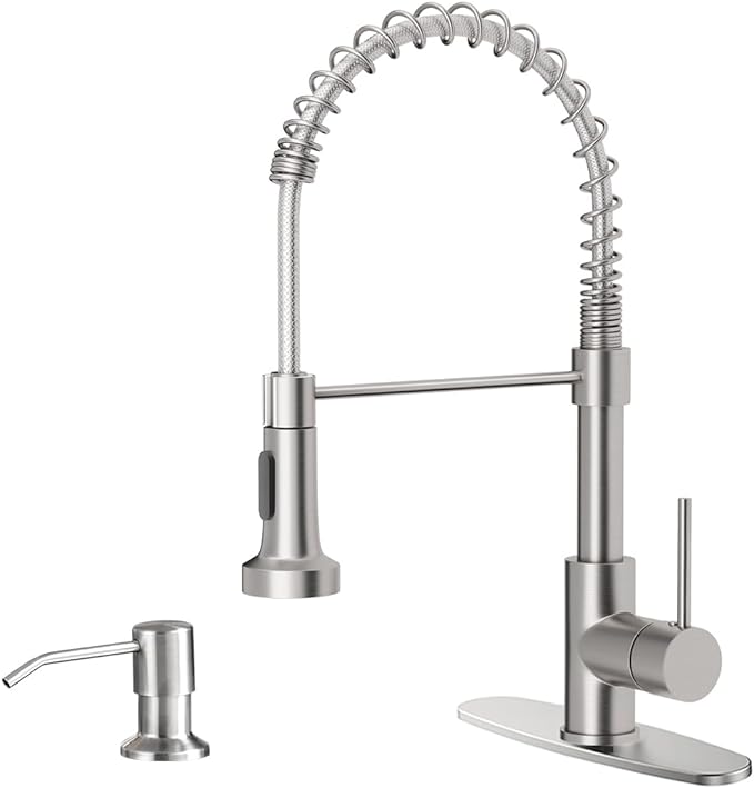 Kitchen Sink Faucet with Soap Dispenser, Kitchen Faucet with Pull Down Sprayer Stainless Steel Single Handle High Arc Pull Out Brushed Nickel Faucet for Bar Laundry RV Utility Sink