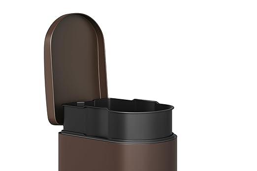 Garvee 2.6 gal / 10 L Metal Bathroom Trash Can with Lid, Slim Waterproof Garbage Can for Bedroom, Small Step-on Trash Bin with Inner Bucket, Rear Handle, Soft Close Lid, Brown