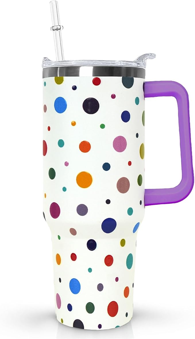 Ceovfoi 40oz Polka Dot Tumbler with Handle Lid Straw, Vacuum Insulated Coffee Mug Water Bottle, Classic Print Decor Gifts for Women