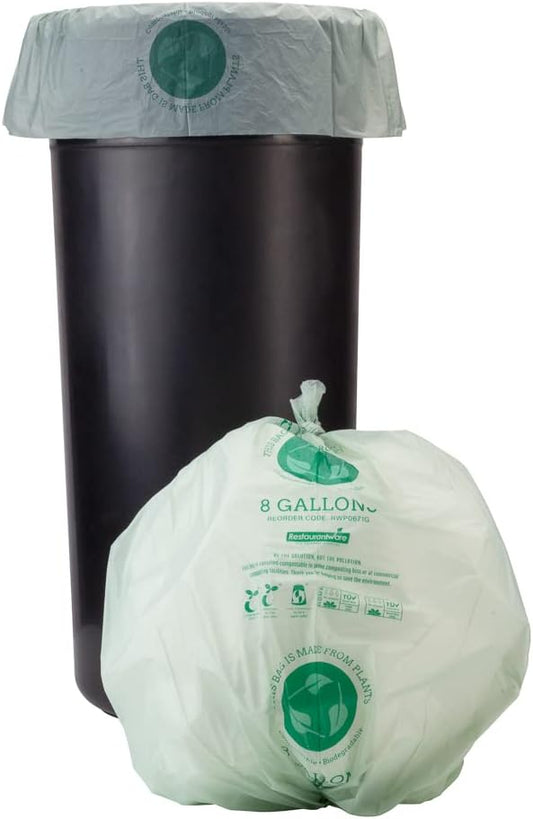 Restaurantware-RW Eco 8 Gallon Biodegradable Garbage Bags, 100 Compostable Trash Bags - Star Seal Bottom, Won't Tear Or Leak, Green Plastic Trash Can Liners, BPI-Certified, For Office And Homes
