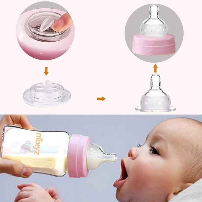 Matyz Glass Breastmilk Storage Containers, 6 Pack, 6 oz Bottle, Compatible with Spectra Medela Philips Pump - Freezer Safe Storage Bottles Set - Leakproof Glass Baby Bottles - No BPA (Pink Lids)