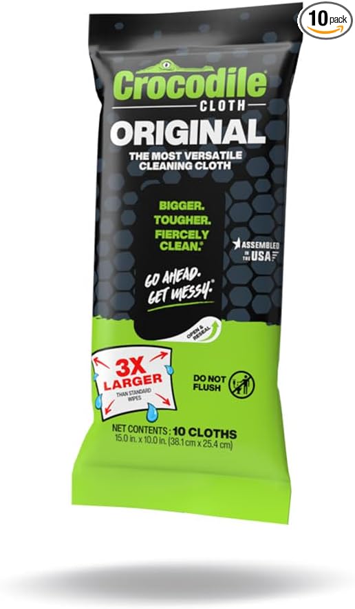 Crocodile Cloth Original Cleaning Wipes, Heavy-Duty Multi-Surface Hand & Tool Wipes, Water-Based, Safe on Skin, 10 Count, 15 x 10 Inch