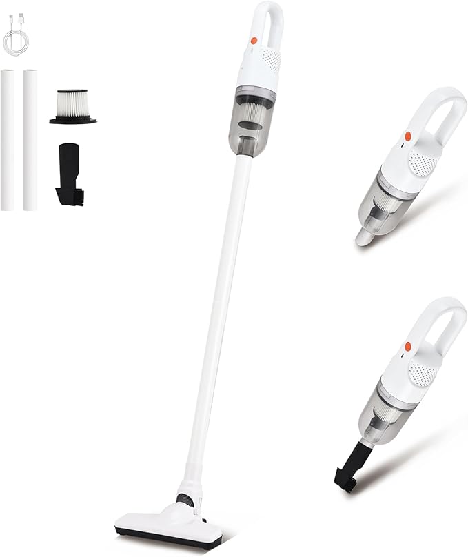 6-in-1 Lightweight Stick Vacuum Cleaner with 100W Powerful Motor, Mini Portable Household Handheld Vacuum Cleaner for Domestic Hard Floors, Carpets and Pet Hair (White Cordless)