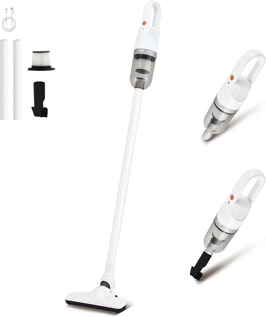 6-in-1 Lightweight Stick Vacuum Cleaner with 100W Powerful Motor, Mini Portable Household Handheld Vacuum Cleaner for Domestic Hard Floors, Carpets and Pet Hair (White Cordless)