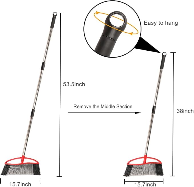 Commercial Heavy Duty Outdoor Broom, 15.7" Extra Wide Angle Broom with 4-Layer Stiff Bristles, Adjustable 38-53.5" Handle for Patio Garage Garden Yard Concrete (Red)