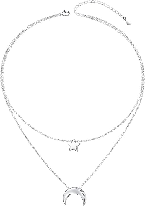 FLYOW Layered Choker Necklace S925 Sterling Silver Star Full Moon Daisy Flower Pendant Disc Jewelry Adjustable Clavicle Necklaces for Women Girls Birthday Gifts