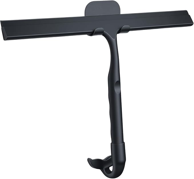 OTraki Black Silicone Shower Squeegee for Glass Doors, Bathroom Cleaner Tool Household Windows Mirror Squeegees, 8 Inch Portable Window Cleaning Tool with Fishtail and Metal Hook for Bathroom