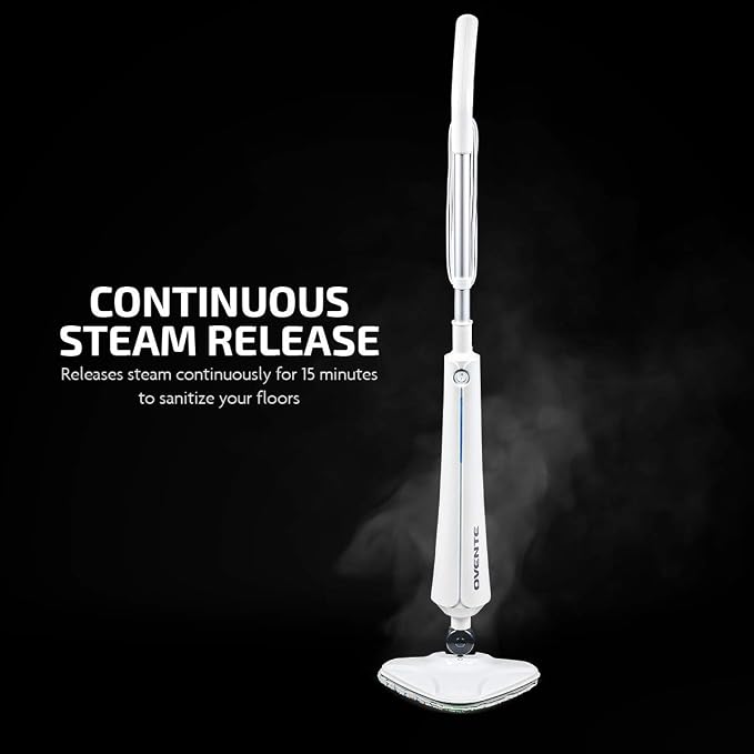 OVENTE Electric Steam Mop Cleaner, 1300W Floor Steamer with Swivel Head, Refillable Water Tank and Washable Microfiber Pad for Cleaning Carpet, Hardwood, Laminate Floor, Tiles and Grout, White ST405W