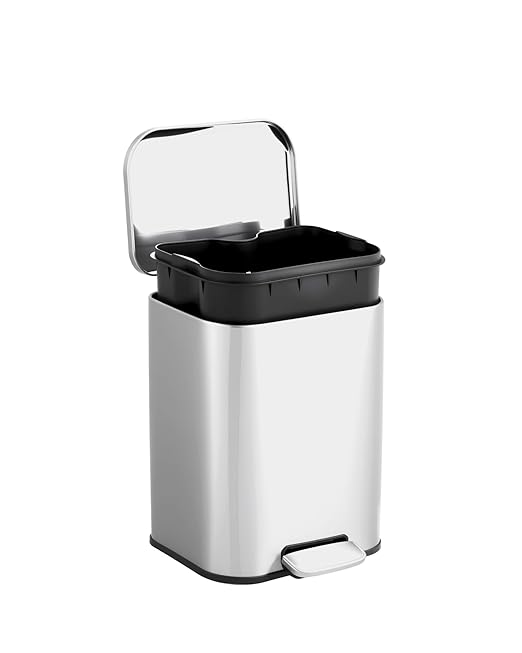 1.3 gal/5L Stainless Steel Kitchen Trash Can, Step-on Recycling Bin with Soft Close Lid, Removable Inner Bucket, Rectangular Wastebasket for Office Living Room, Silver