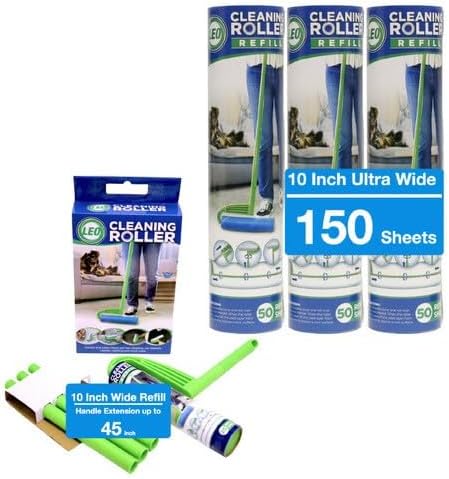 Leo Large 10-Inch Wide Lint Roller Refills 175 Sheets with extendable Handle to 45 inch for Lint Removers Household Cleaning Easily Remove Pet Hair Dust and Debris from Floors Carpets and Furniture