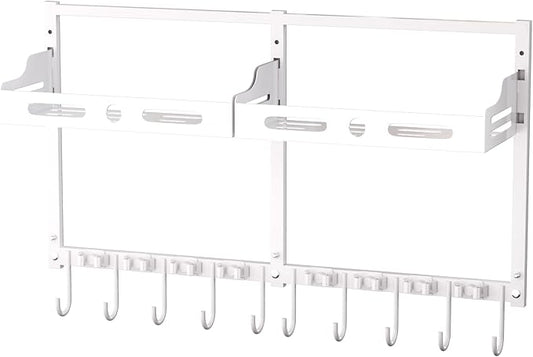 Heavy Duty Wall Mount Broom & Mop Organizer with Gripper Hooks & Storage Shelf for Garage, Kitchen, Laundry Room, White